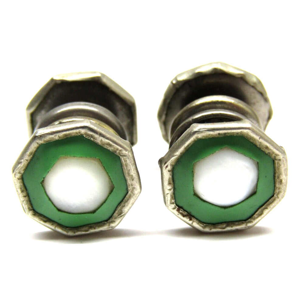 Silver Snap Cufflinks Green Celluloid Mother Of Pearl w/ Men Formal Wear